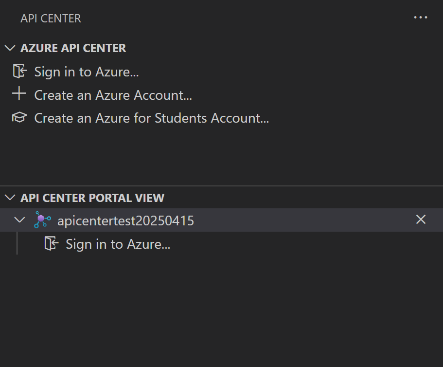 Screenshot of the API Center portal view in API Center extension.