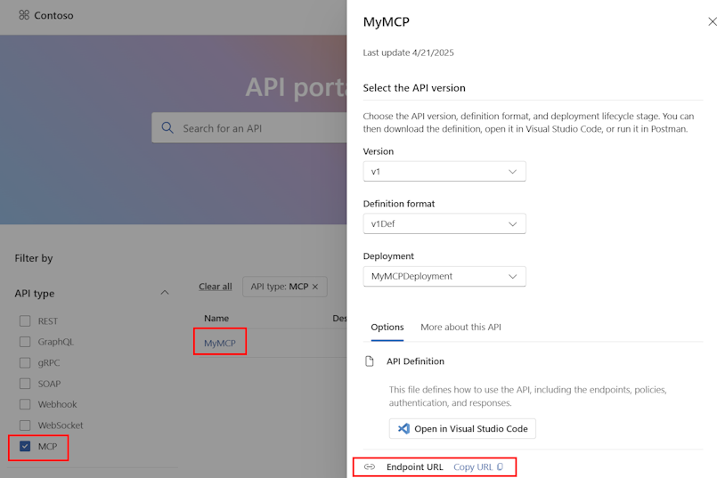 Screenshot of MCP server in API Center portal.