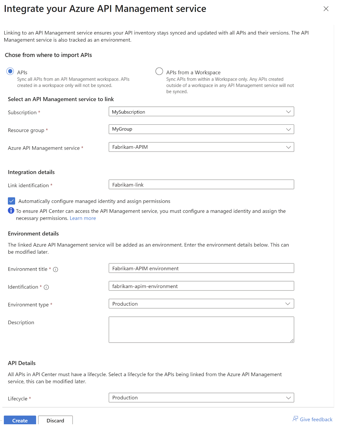 Screenshot of integrating an Azure API Management service in the portal.