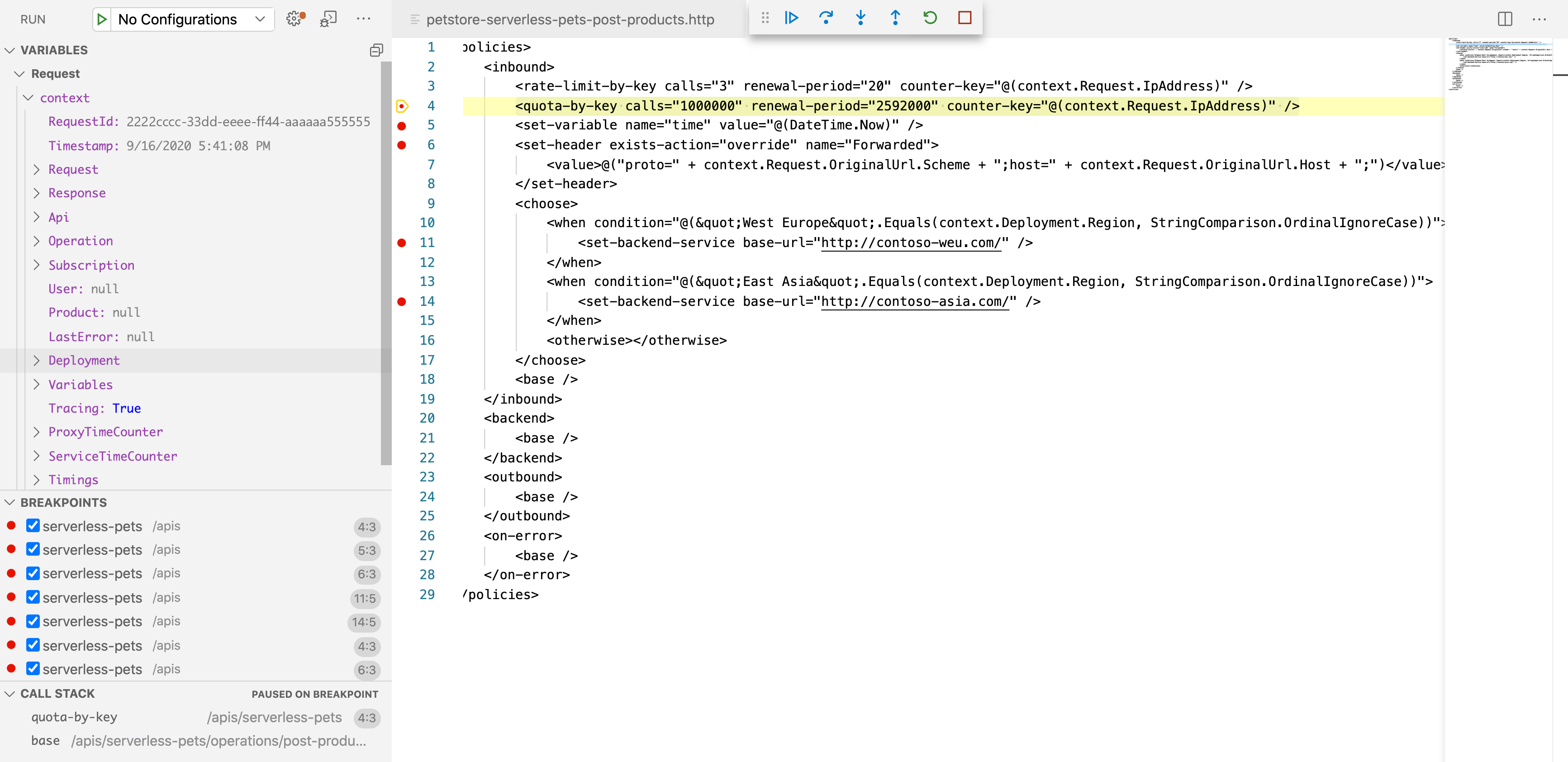 Screenshot of the debugging window in Visual Studio Code.