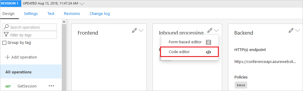 A screenshot that highlights the API code editor in the design tab.