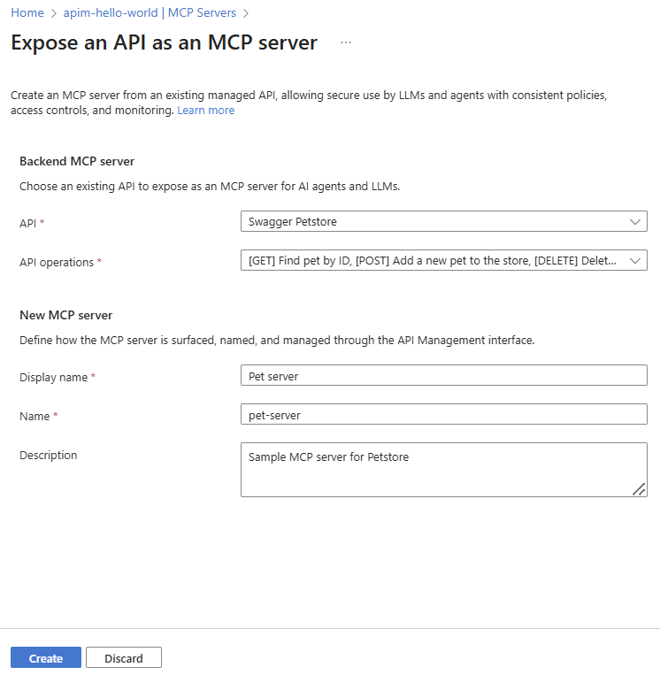 Screenshot of creating an MCP server in the portal.