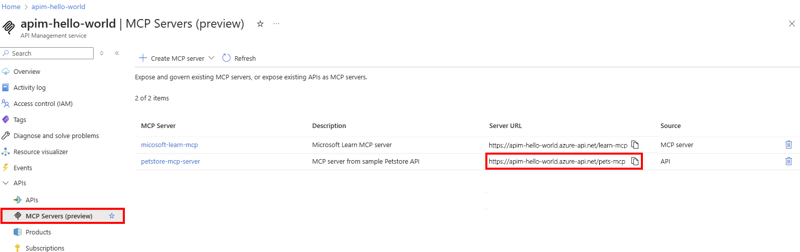 Screenshot of the MCP server list in the portal.