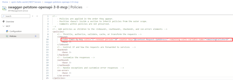Screenshot of the policy editor for an MCP server.