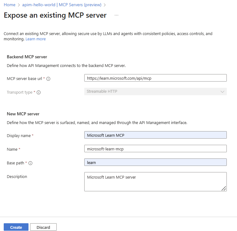 Screenshot of creating an MCP server in the portal.