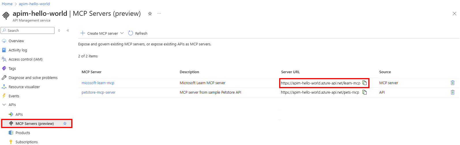 Screenshot of the MCP server list in the portal.
