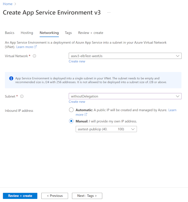 Screenshot that shows App Service Environment networking (App Service Environment External) selections.