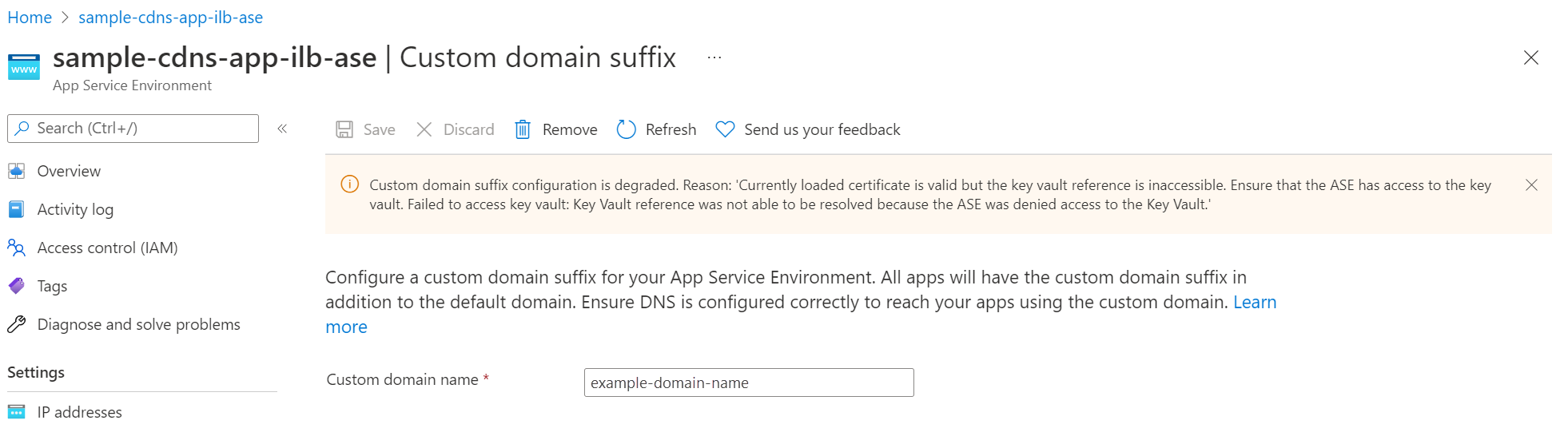 Screenshot of a sample custom domain suffix error message.