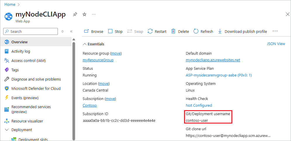 Screenshot that shows the Git deployment user name on an app's Overview page.