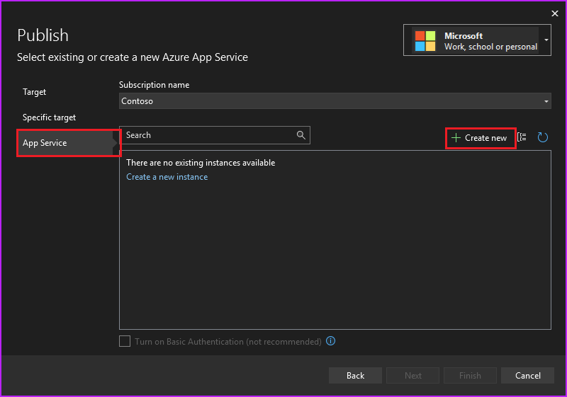 Screenshot that shows selecting Create new for App Service in the Publish pane.