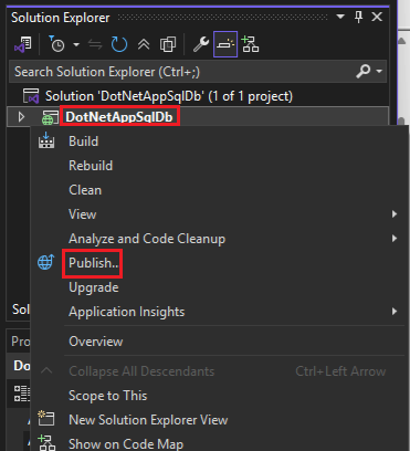 Screenshot that shows Publish from Solution Explorer.