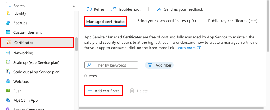 Screenshot that shows the app pane with Certificates, Managed certificates, and Add certificate selected.