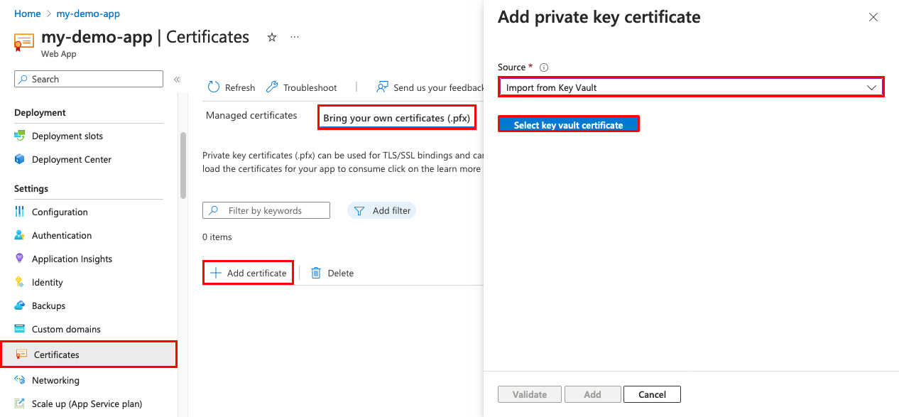 Screenshot that shows the app management page with Certificates, Bring your own certificates (.pfx), and Import from Key Vault selected.