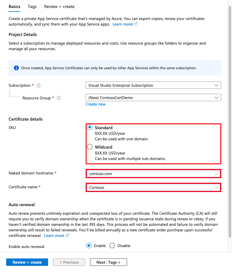 Screenshot that shows the Create App Service certificate pane with purchase options.