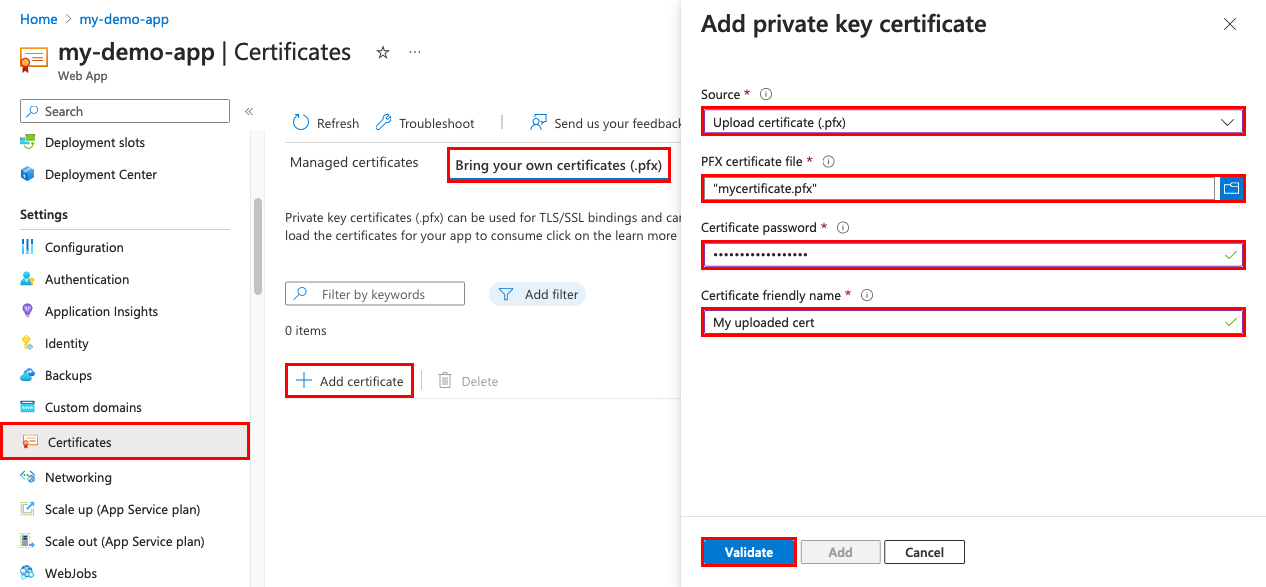 Screenshot that shows the app management page with Certificates, Bring your own certificates (.pfx), and Upload certificate .pfx selected.