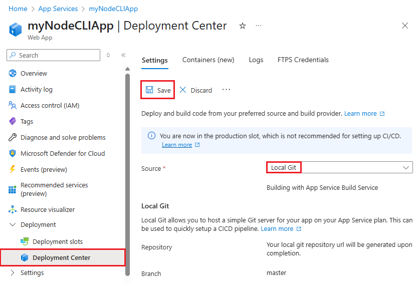 Screenshot that shows how to enable local Git deployment for App Service in the Azure portal.