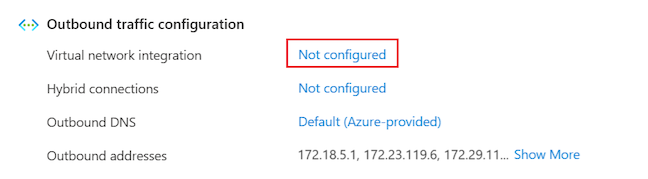 Screenshot that shows how to configure virtual network integration for an app in the Azure portal.