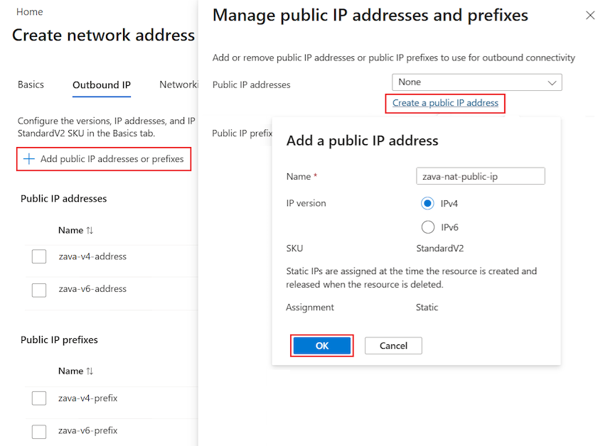 Screenshot that shows how to create a new public IP address in the Azure portal.