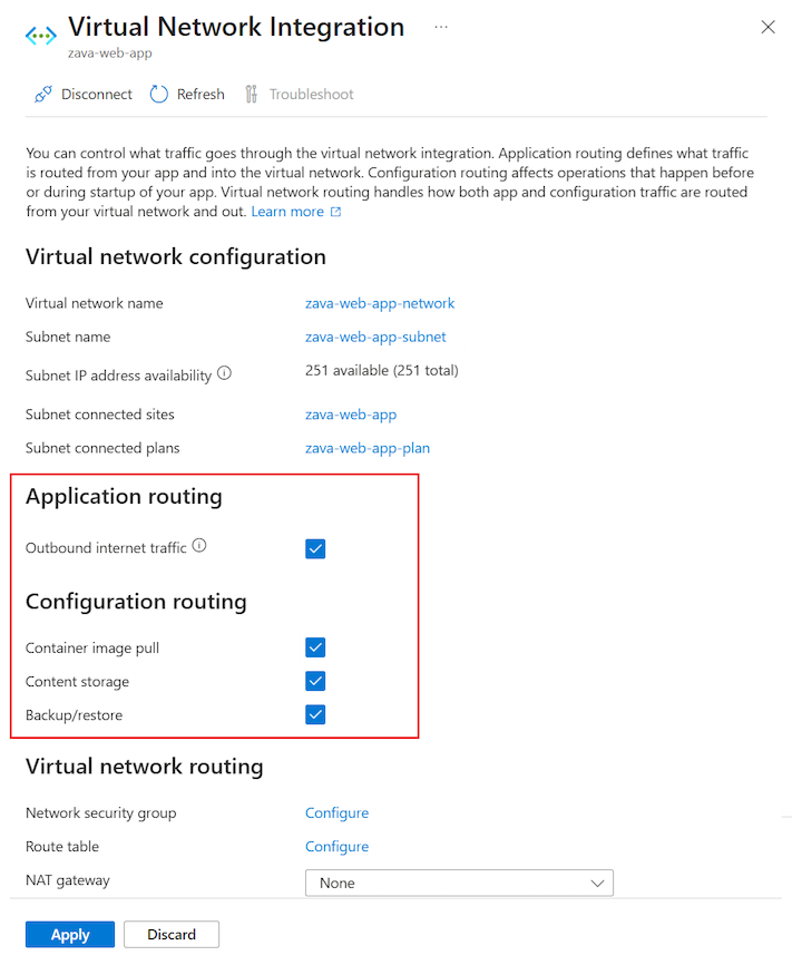 Screenshot that shows how to ensure all traffic routes are enabled for the integration in the Azure portal.