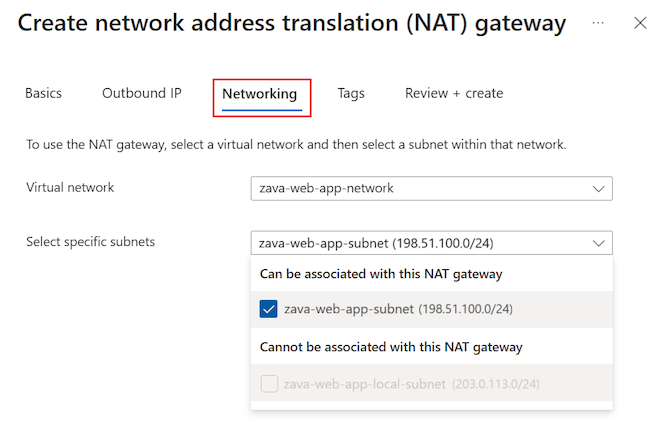 Screenshot of the Networking tab for creating a NAT gateway in the Azure portal.
