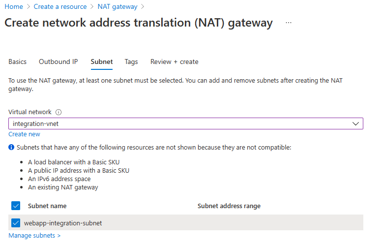 Screenshot of the Subnet tab on the page where you create a NAT gateway.