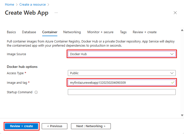 Screenshot of Configure your Web App for Containers.