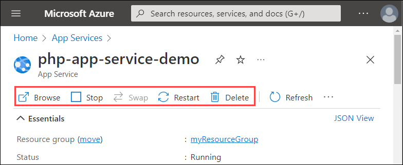 Screenshot of the App Service overview page in Azure portal. In the action bar, the Browse, Stop, Swap, Restart, and Delete button group is highlighted.