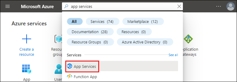 Screenshot of the Azure portal with app services typed in the search text box.