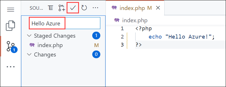 Screenshot of Visual Studio Code in the browser, Source Control panel with a commit message of Hello Azure.