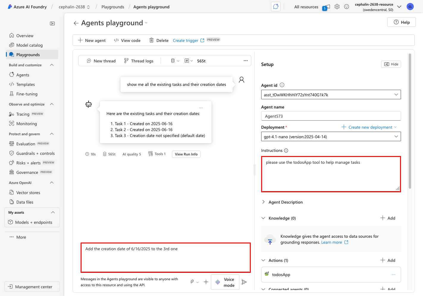 Screenshot showing the agents playground in the middle of a conversation that takes actions by using the OpenAPI tool.