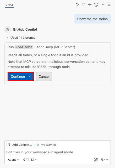 Screenshot showing the default security message from an MCP invocation in GitHub Copilot Chat.