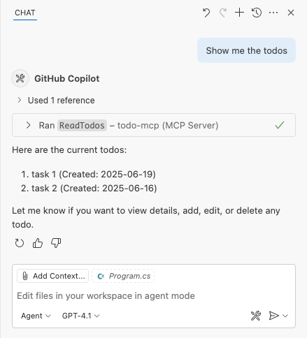 Screenshot showing that the response from the MCP tool call in the GitHub Copilot Chat window.