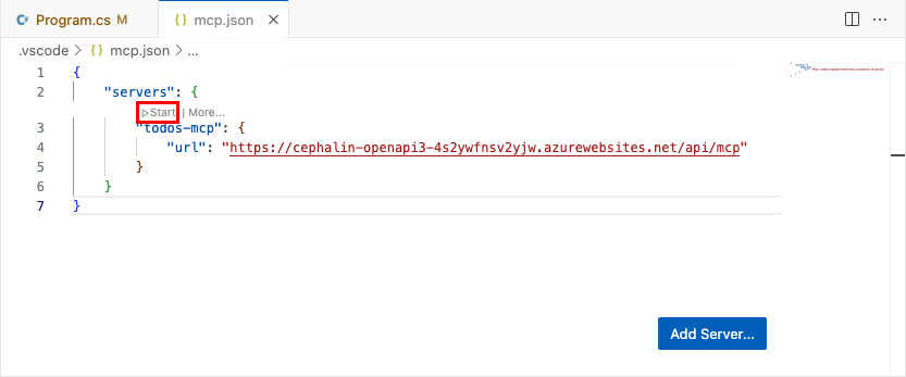 Screenshot showing how to manually start an MCP server from the local mcp.json file.
