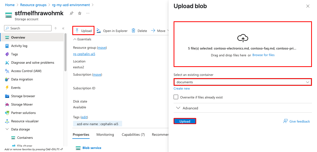 Screenshot showing how to upload documents to the storage container.