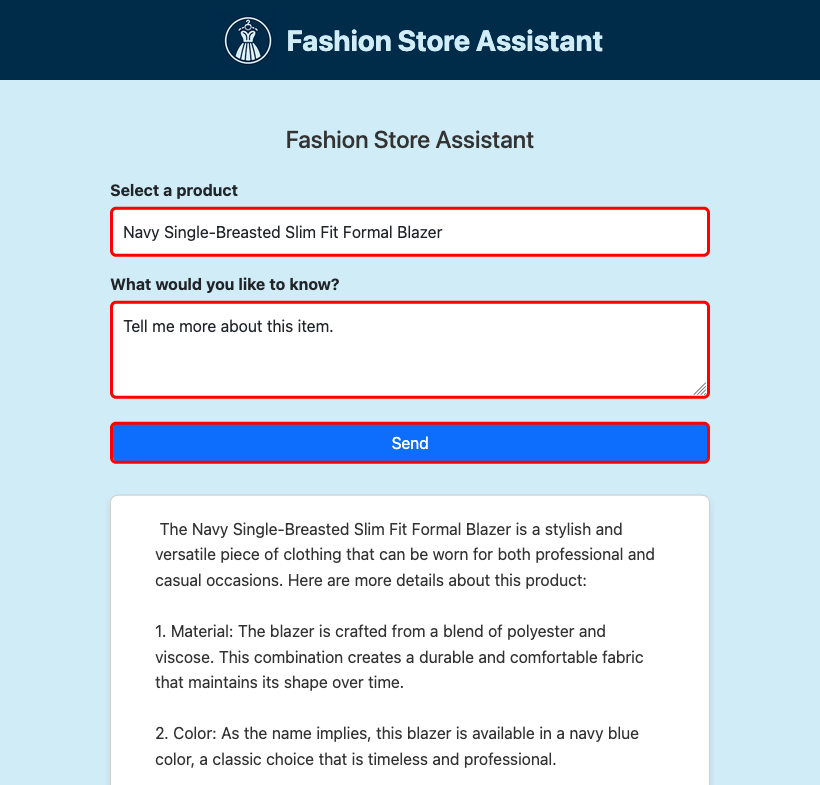Screenshot showing the fashion assistant app running in the browser.