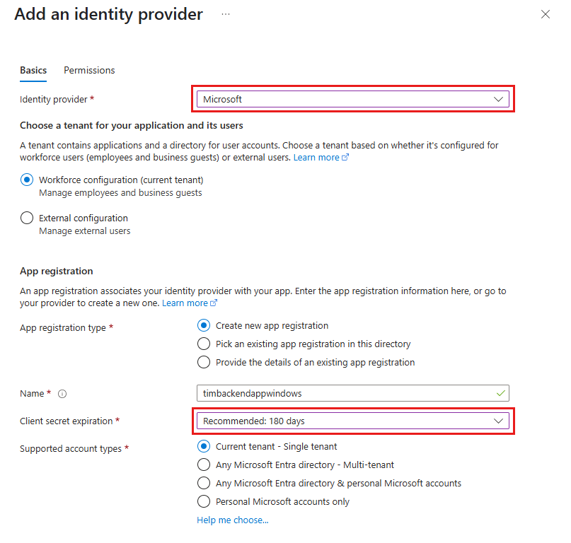 Screenshot of the back-end app's left menu showing Authentication/Authorization selected and settings selected in the right menu.