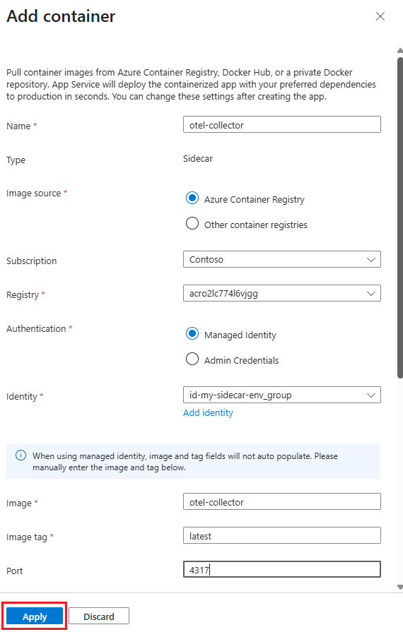 Screenshot showing how to configure a sidecar container in a web app's deployment center.