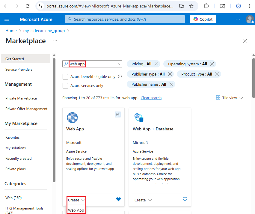 Screenshot showing Azure Marketplace page with web app being searched and create web app button highlighted.