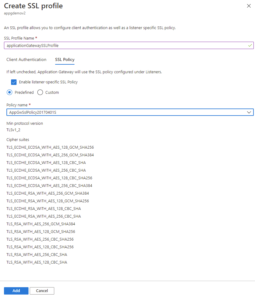 Screenshot of adding listener-specific SSL policy to SSL profile in Azure portal.