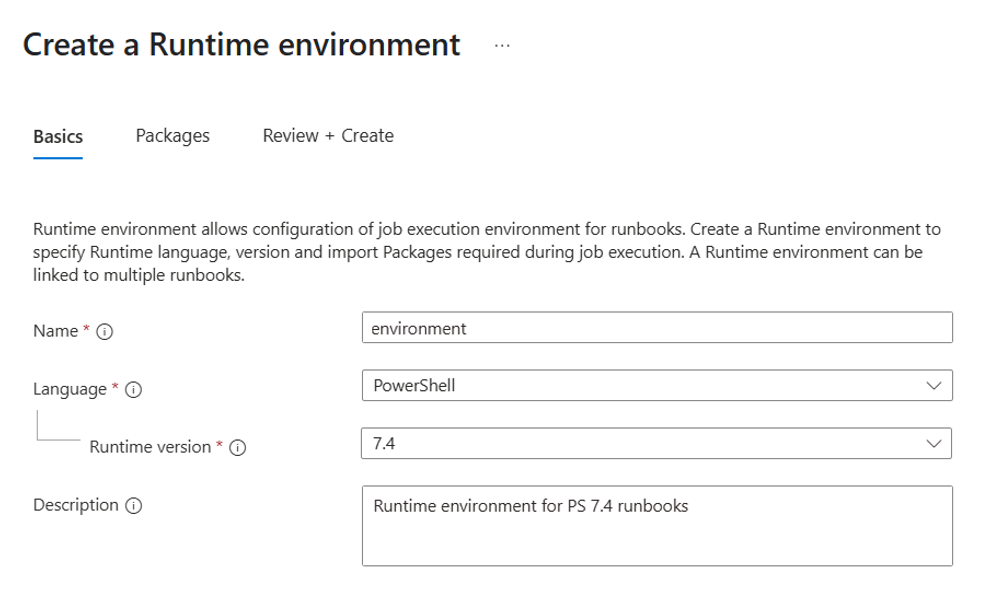 Screenshot shows the entries in basics tab of create runtime environment.