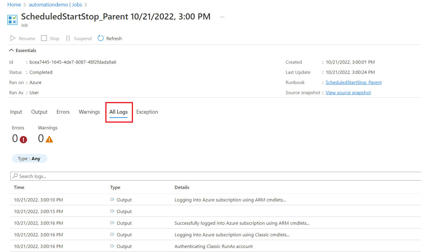 Screenshot of Data listed under All Logs.