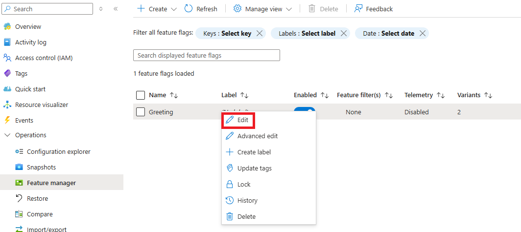 Screenshot of the Azure portal, editing a feature flag.