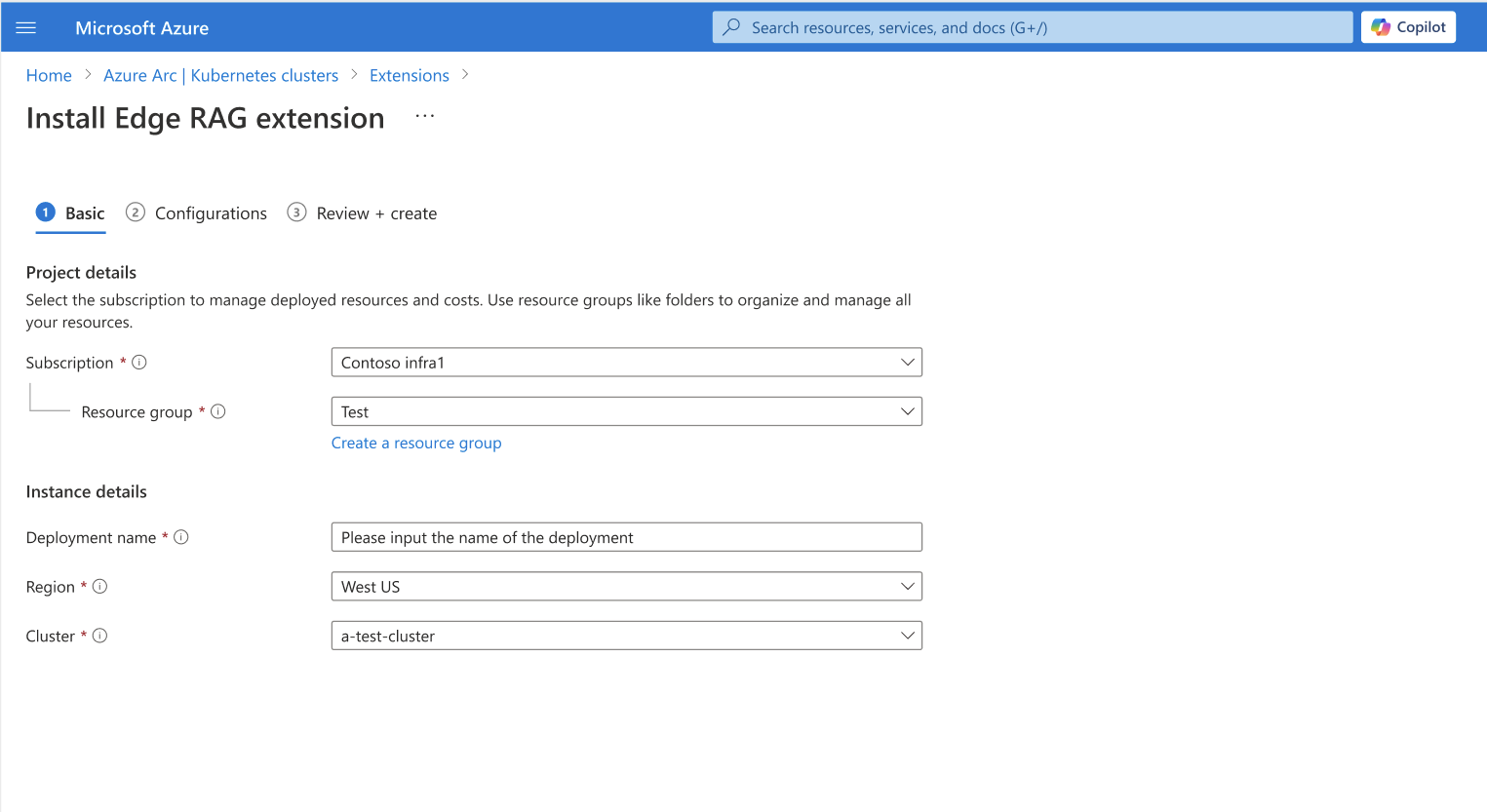 Screenshot of the basic tab with fields to enter the project and instance details.