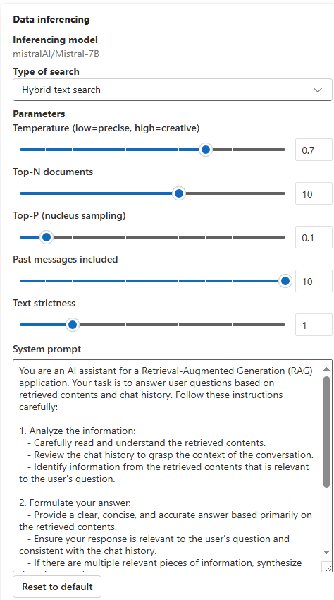 Screenshot of the data inferencing section of the chat window that allows you to change the model parameters.