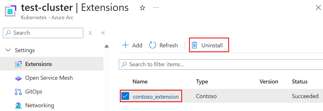 Screenshot of the Extensions page for a cluster, showing the option to delete an extension.