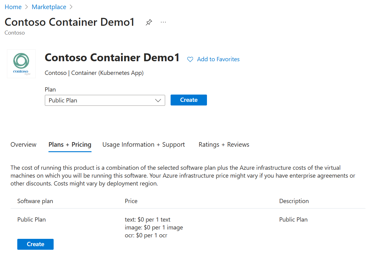 Screenshot of the Plans + Pricing page for a Kubernetes offer in Azure Marketplace.