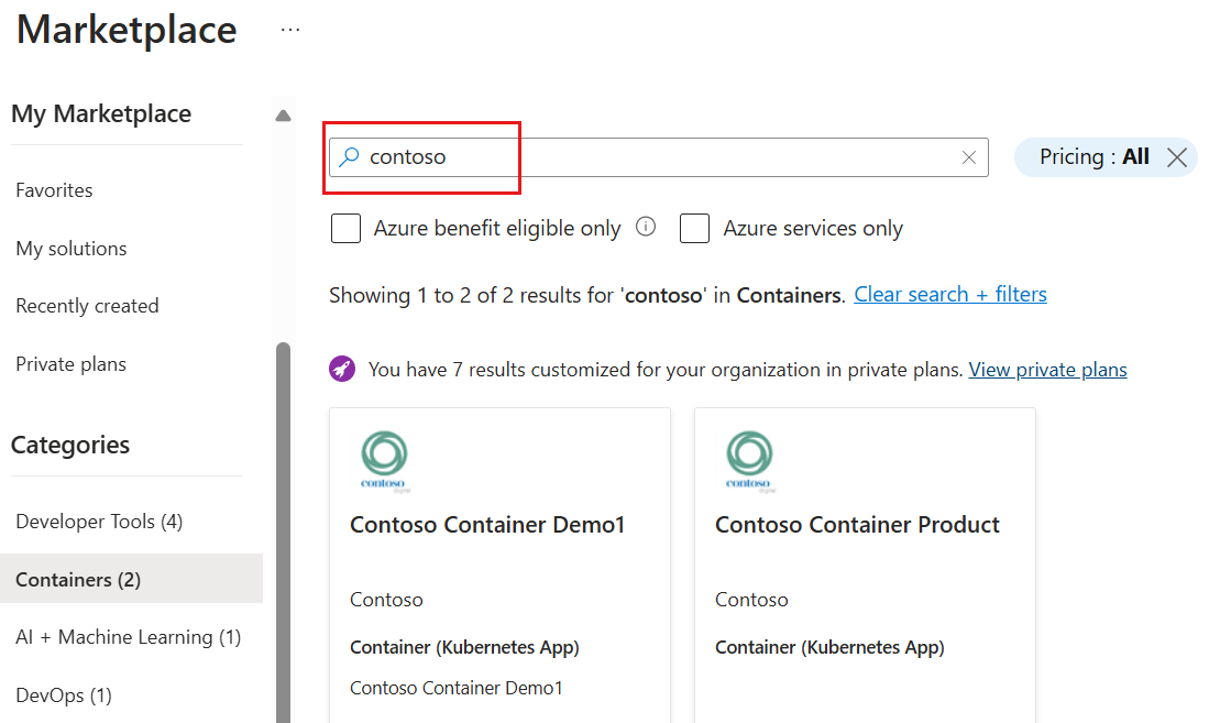 Screenshot showing the option to search by publisher in Azure Marketplace.