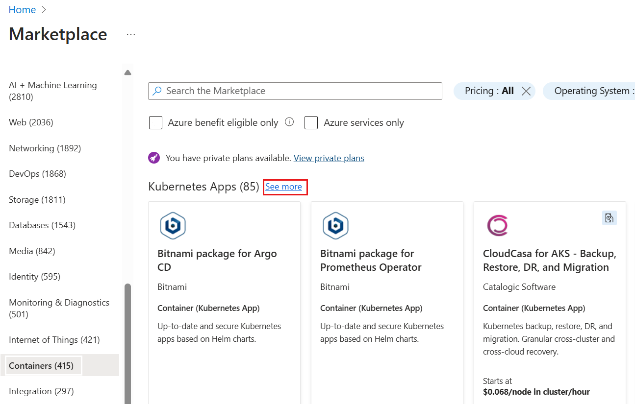 Screenshot showing the See more link for the Containers category in Azure Marketplace.