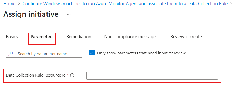 Screenshot of the Parameters tab highlighting the Data Collection Rule Resource ID field.