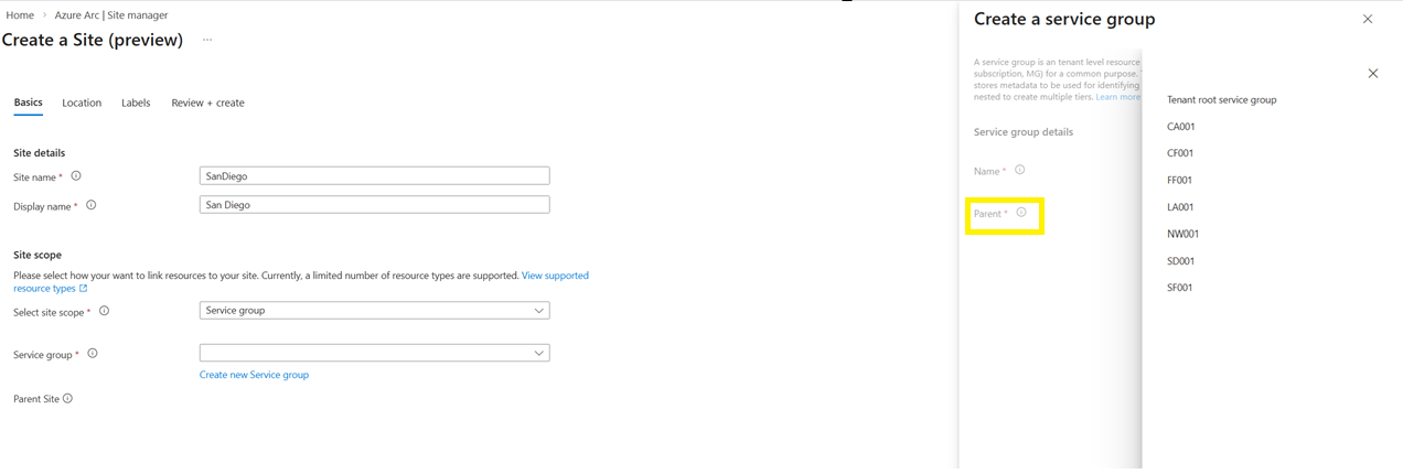Screenshot that shows how to create a service group.